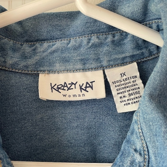 KRAZY KAT AUTUMN LEAVES DENIM BUTTON DOWN SHIRT 1X - Picture 4 of 10